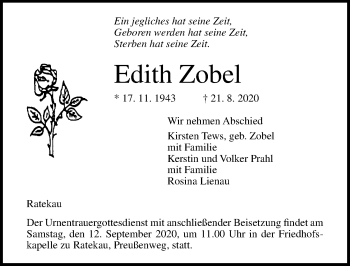 Traueranzeige von Edith Zobel von Lübecker Nachrichten