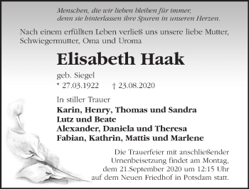 Traueranzeige von Elisabeth Haak von Märkischen Allgemeine Zeitung