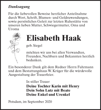 Traueranzeige von Elisabeth Haak von Märkischen Allgemeine Zeitung