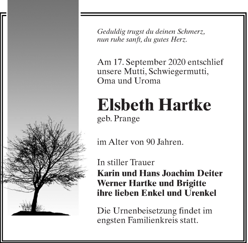  Traueranzeige für Elsbeth Hartke vom 19.09.2020 aus Märkischen Allgemeine Zeitung