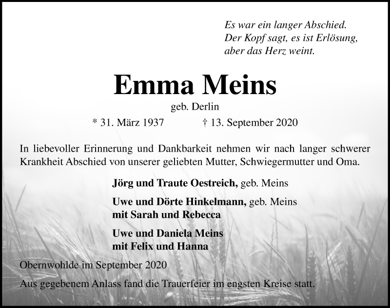  Traueranzeige für Emma Meins vom 20.09.2020 aus Lübecker Nachrichten