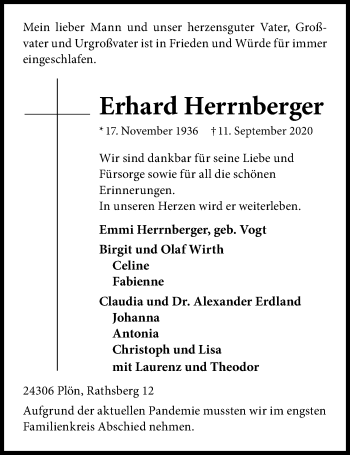 Traueranzeige von Erhard Herrnberger von Kieler Nachrichten