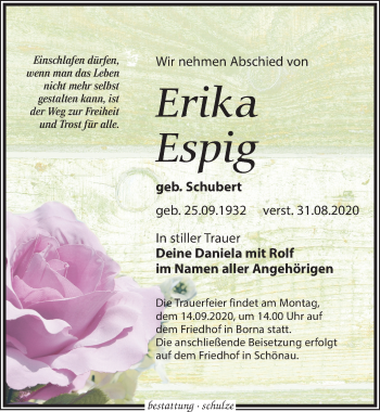 Traueranzeige von Erika Espig von Leipziger Volkszeitung