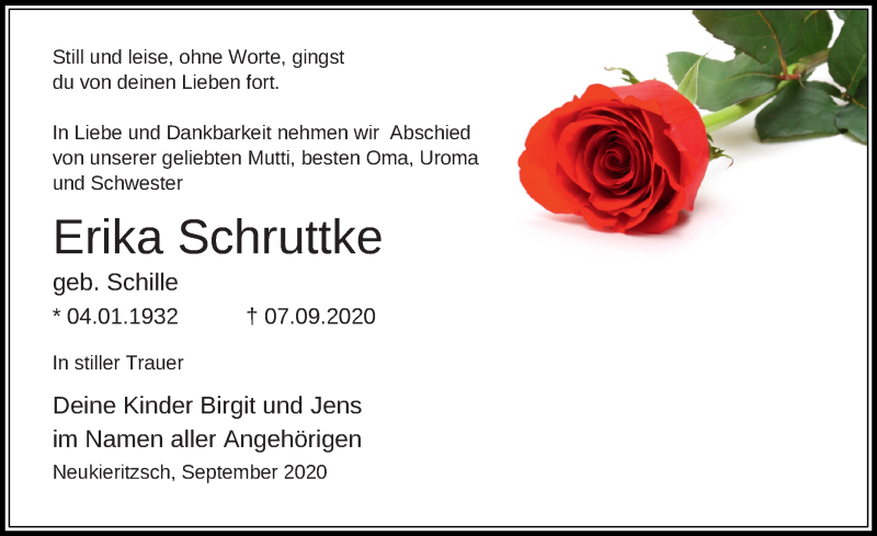  Traueranzeige für Erika Schruttke vom 12.09.2020 aus Leipziger Volkszeitung