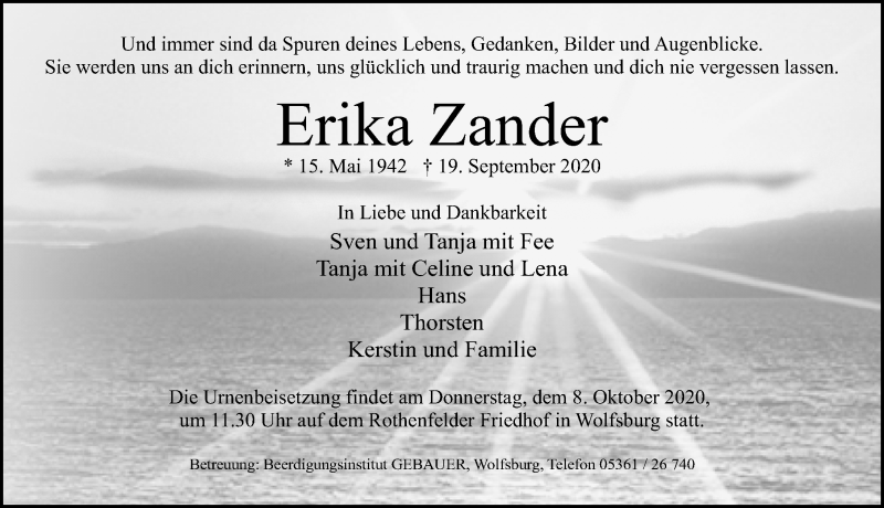  Traueranzeige für Erika Zander vom 25.09.2020 aus Aller Zeitung