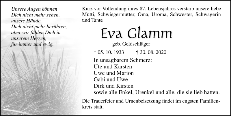  Traueranzeige für Eva Glamm vom 05.09.2020 aus Ostsee-Zeitung GmbH