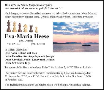 Traueranzeige von Eva-Maria Heese von Märkischen Allgemeine Zeitung