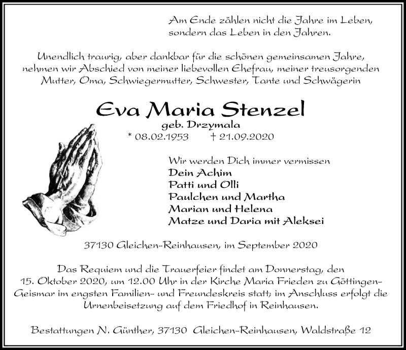  Traueranzeige für Eva Maria Stenzel vom 26.09.2020 aus Göttinger Tageblatt
