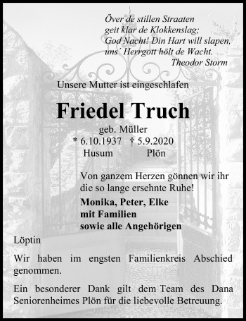 Traueranzeige von Friedel Truch von Kieler Nachrichten