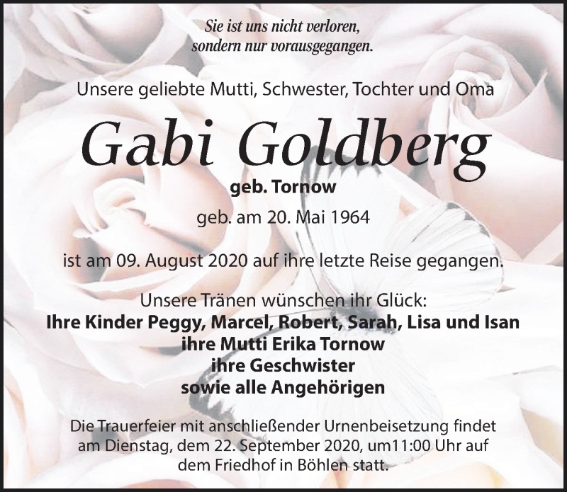  Traueranzeige für Gabi Goldberg vom 05.09.2020 aus Leipziger Volkszeitung
