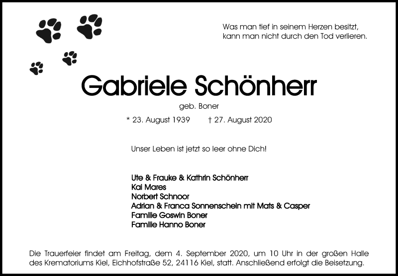  Traueranzeige für Gabriele Schönherr vom 01.09.2020 aus Kieler Nachrichten