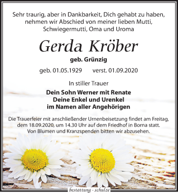 Traueranzeige von Gerda Kröber von Leipziger Volkszeitung