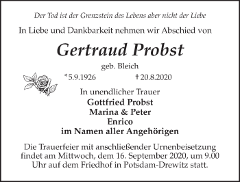 Traueranzeige von Gertraud Probst von Märkischen Allgemeine Zeitung