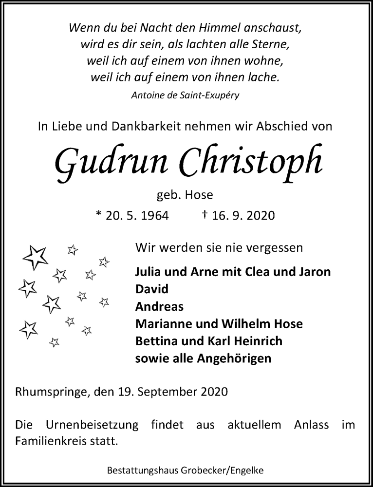  Traueranzeige für Gudrun Christoph vom 19.09.2020 aus Göttinger Tageblatt