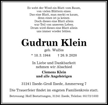 Traueranzeige von Gudrun Klein von Peiner Allgemeine Zeitung