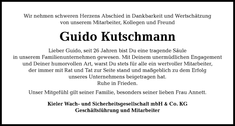  Traueranzeige für Guido Kutschmann vom 26.09.2020 aus Kieler Nachrichten