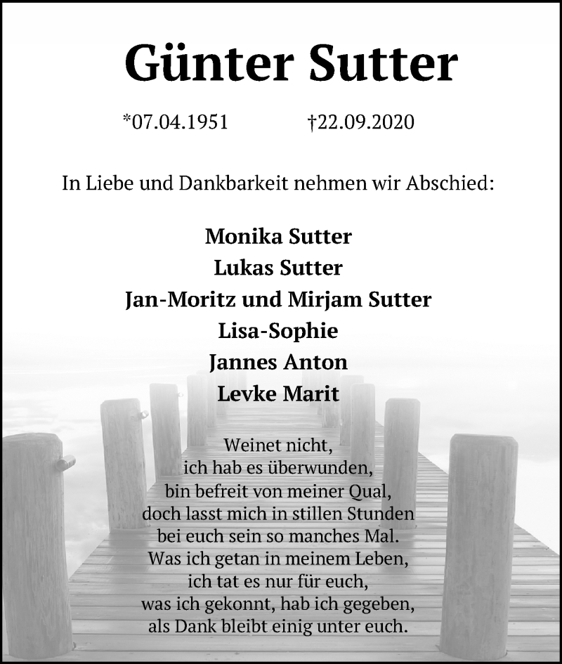  Traueranzeige für Günter Sutter vom 26.09.2020 aus Kieler Nachrichten