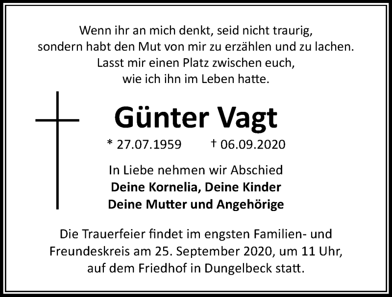  Traueranzeige für Günter Vagt vom 19.09.2020 aus Peiner Allgemeine Zeitung