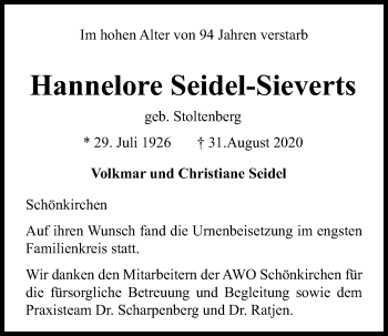 Traueranzeige von Hannelore Seidel-Sieverts von Kieler Nachrichten