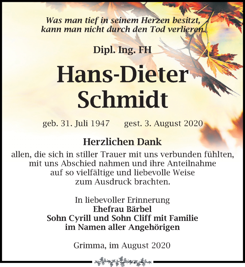  Traueranzeige für Hans-Dieter Schmidt vom 05.09.2020 aus Leipziger Volkszeitung