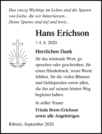 Traueranzeige von Hans Erichson von Ostsee-Zeitung GmbH