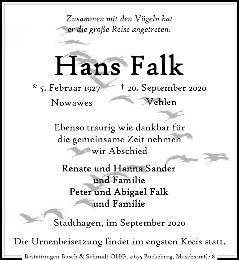  Traueranzeige für Hans Falk vom 26.09.2020 aus Schaumburger Nachrichten