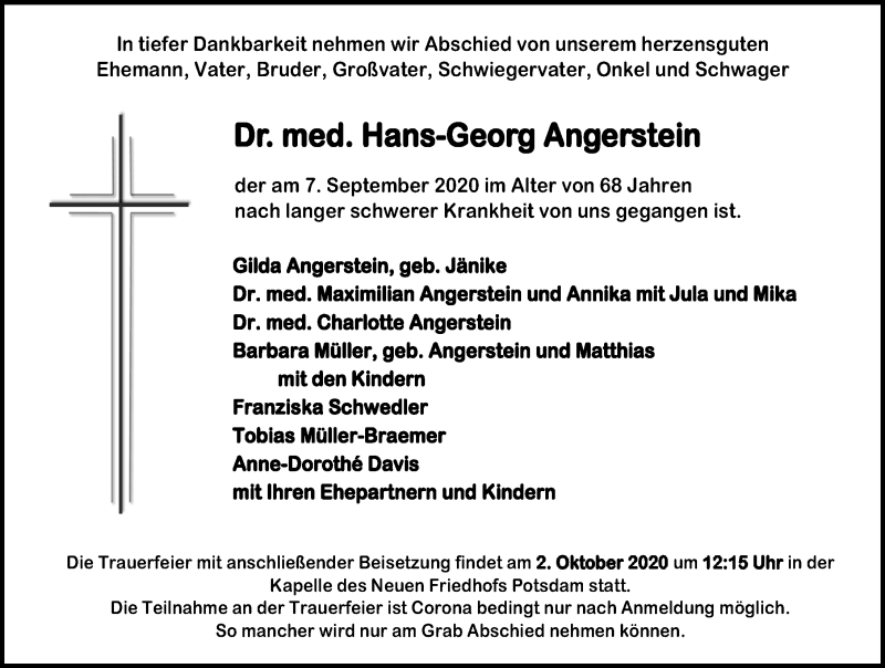  Traueranzeige für Hans-Georg Angerstein vom 19.09.2020 aus Märkischen Allgemeine Zeitung