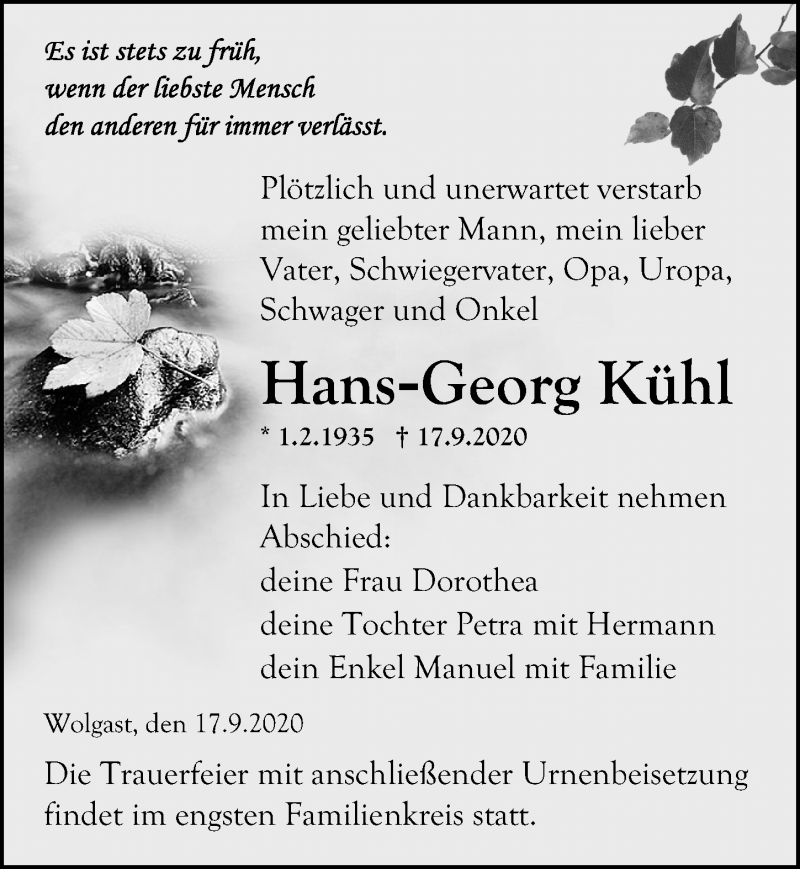  Traueranzeige für Hans-Georg Kühl vom 19.09.2020 aus Ostsee-Zeitung GmbH