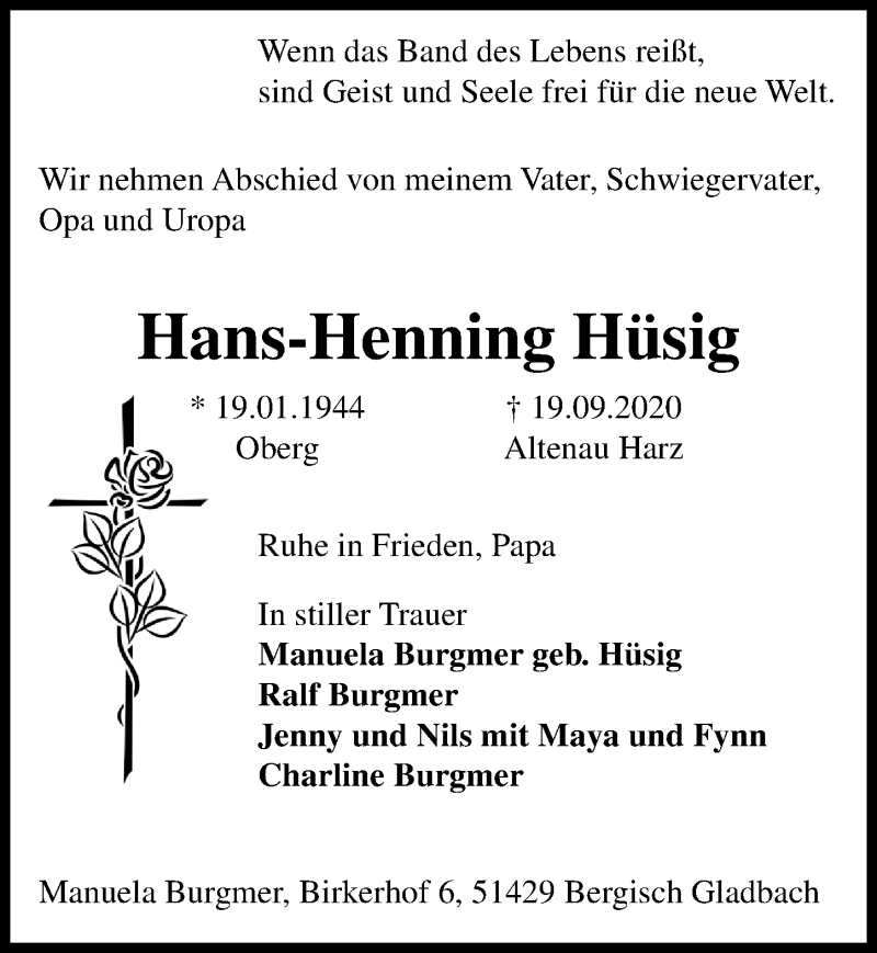  Traueranzeige für Hans-Henning Hüsig vom 26.09.2020 aus Peiner Allgemeine Zeitung