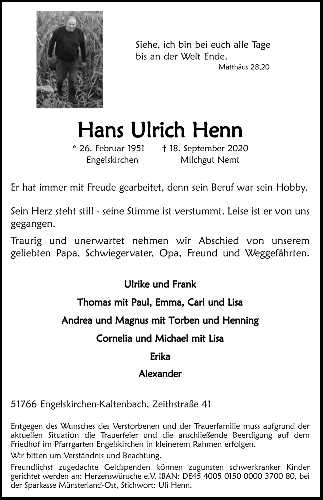  Traueranzeige für Hans Ulrich Henn vom 26.09.2020 aus Leipziger Volkszeitung