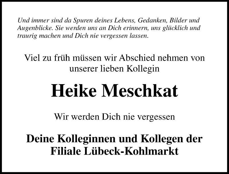  Traueranzeige für Heike Meschkat vom 06.09.2020 aus Lübecker Nachrichten