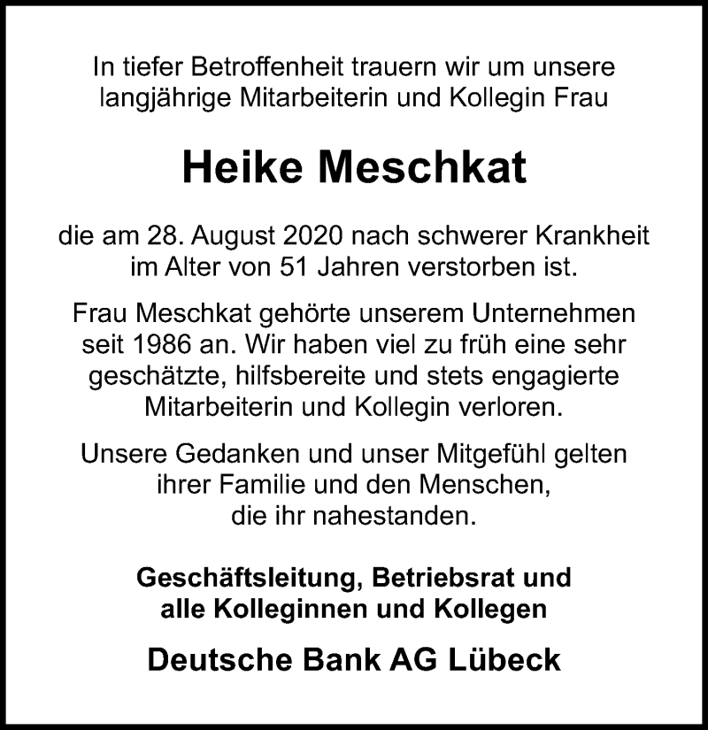  Traueranzeige für Heike Meschkat vom 06.09.2020 aus Lübecker Nachrichten