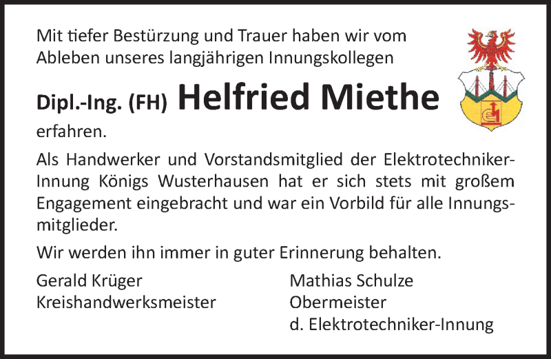  Traueranzeige für Helfried Miethe vom 19.09.2020 aus Märkischen Allgemeine Zeitung