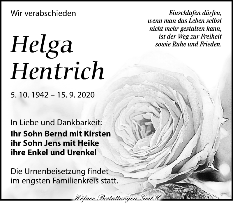  Traueranzeige für Helga Hentrich vom 19.09.2020 aus Torgauer Zeitung