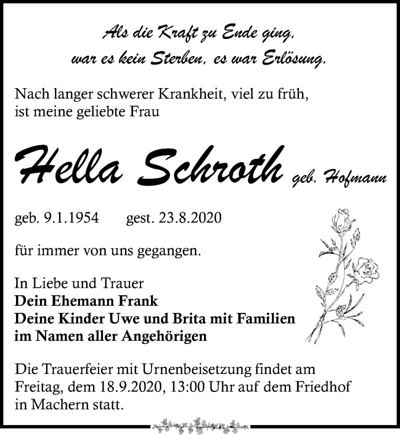  Traueranzeige für Hella Schroth vom 05.09.2020 aus Leipziger Volkszeitung