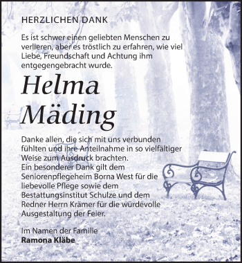 Traueranzeige von Helma Mäding von Leipziger Volkszeitung