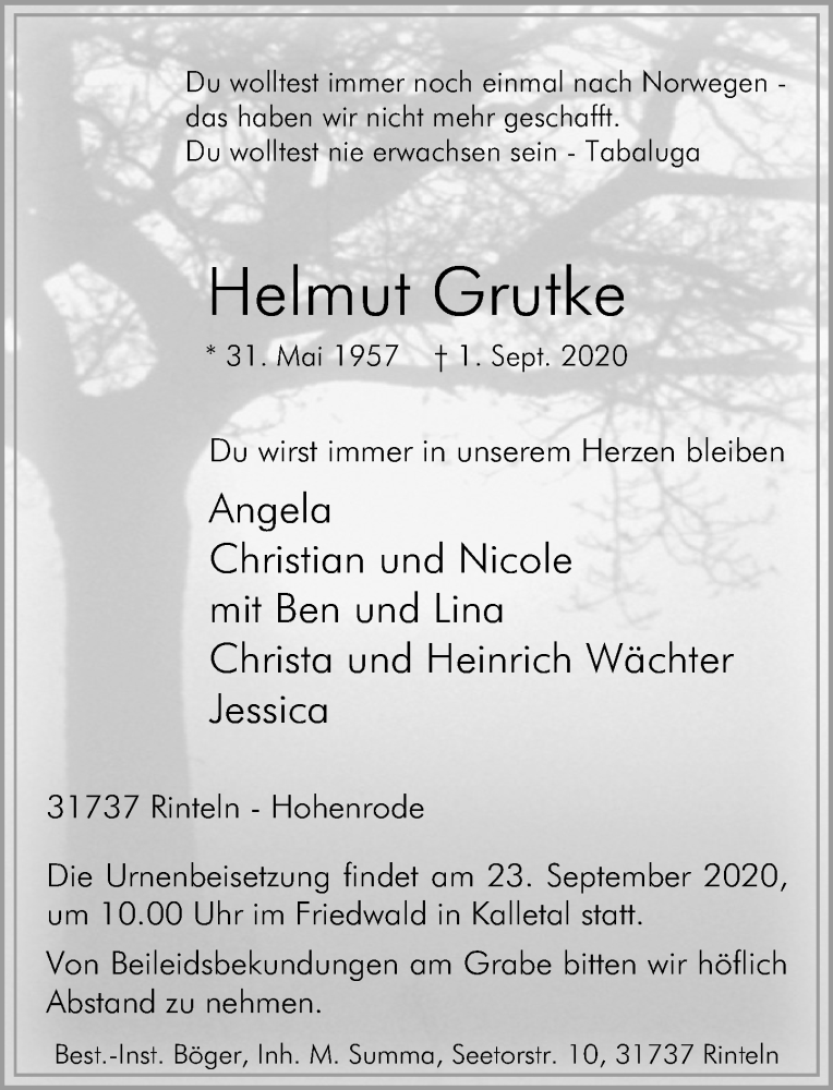  Traueranzeige für Helmut Grutke vom 12.09.2020 aus Schaumburger Nachrichten