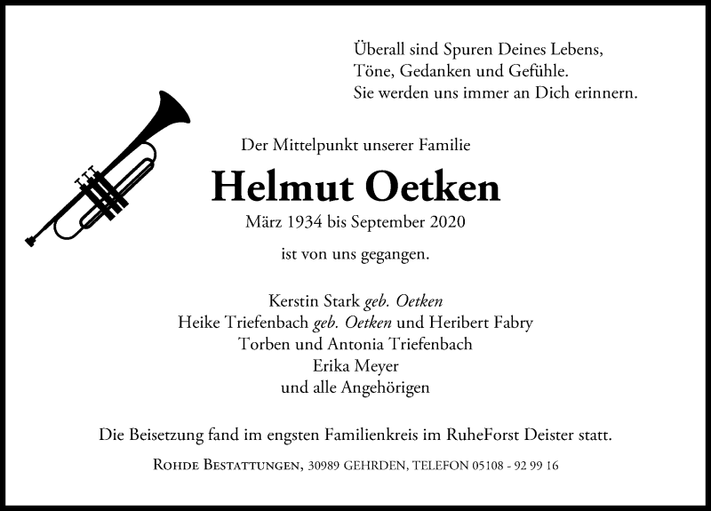  Traueranzeige für Helmut Oetken vom 19.09.2020 aus Hannoversche Allgemeine Zeitung/Neue Presse