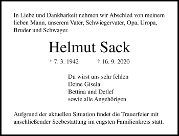 Traueranzeige von Helmut Sack von Lübecker Nachrichten