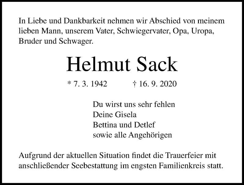  Traueranzeige für Helmut Sack vom 20.09.2020 aus Lübecker Nachrichten