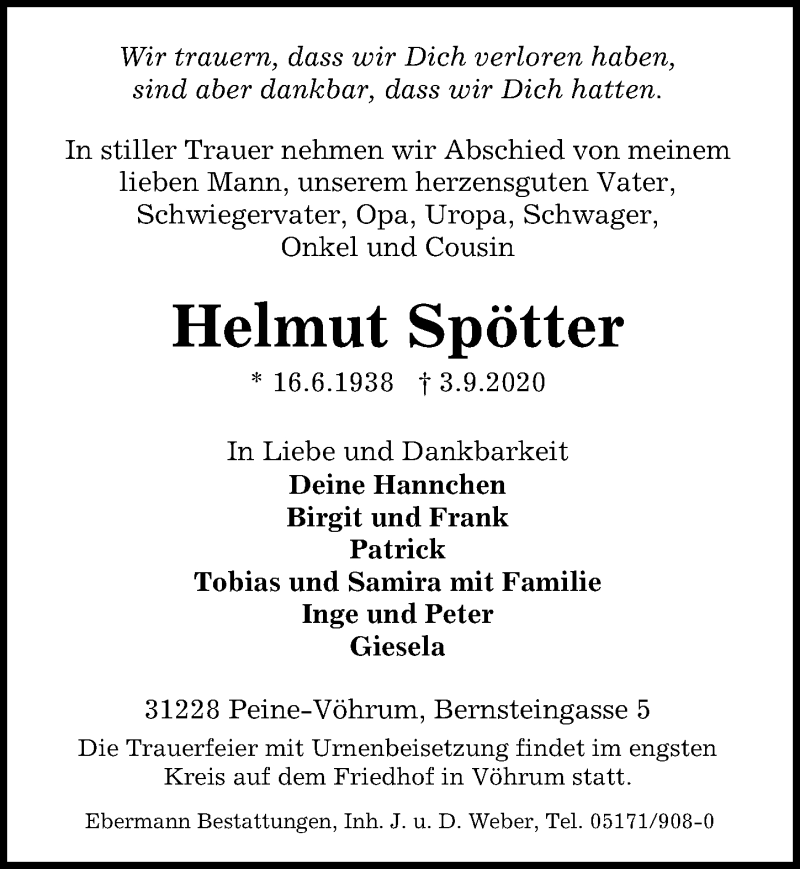  Traueranzeige für Helmut Spötter vom 12.09.2020 aus Peiner Allgemeine Zeitung