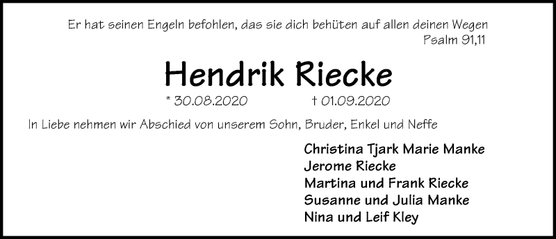  Traueranzeige für Hendrik Riecke vom 08.09.2020 aus Lübecker Nachrichten