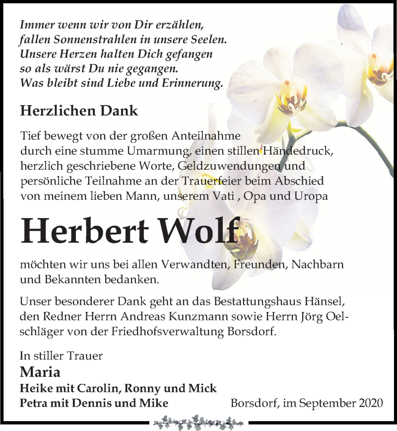  Traueranzeige für Herbert Wolf vom 19.09.2020 aus Leipziger Volkszeitung