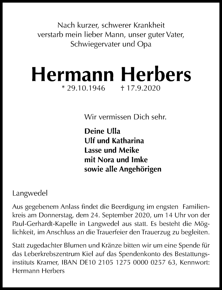  Traueranzeige für Hermann Herbers vom 22.09.2020 aus Kieler Nachrichten