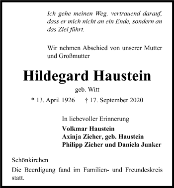 Traueranzeige von Hildegard Haustein von Kieler Nachrichten
