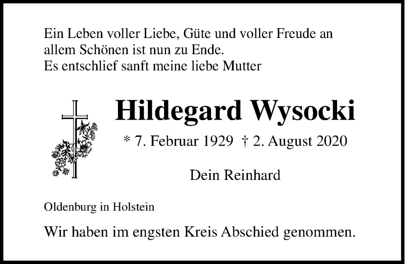  Traueranzeige für Hildegard Wysocki vom 02.09.2020 aus Lübecker Nachrichten
