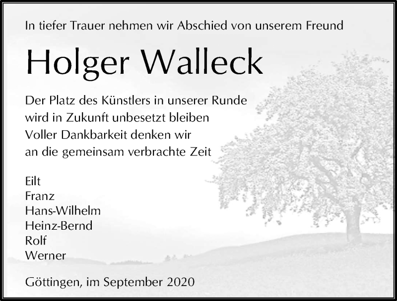  Traueranzeige für Holger Walleck vom 26.09.2020 aus Göttinger Tageblatt