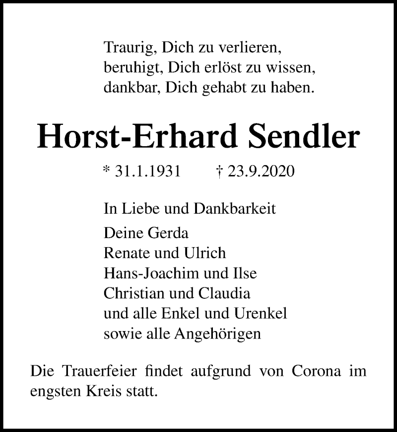  Traueranzeige für Horst-Erhard Sendler vom 27.09.2020 aus Lübecker Nachrichten
