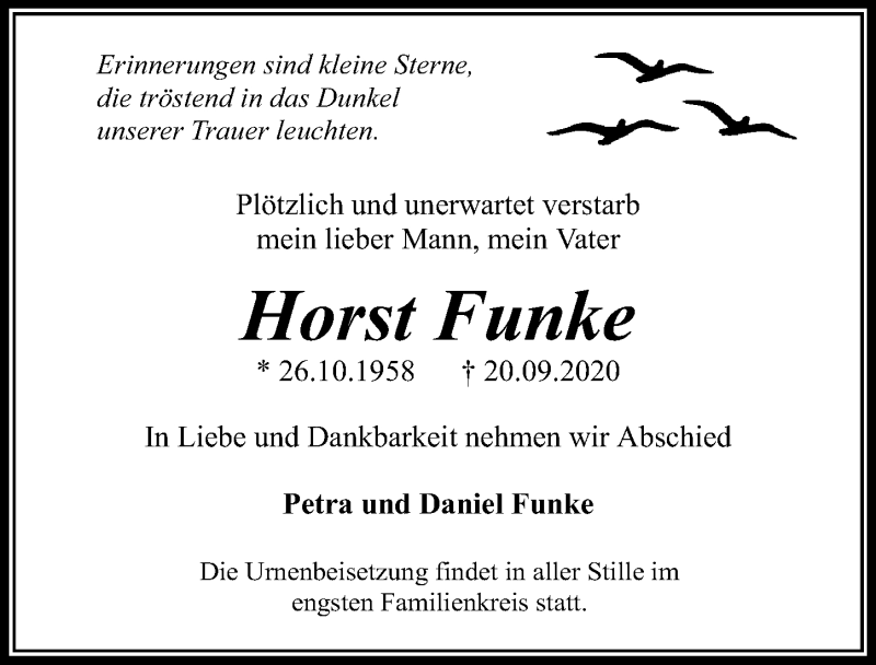  Traueranzeige für Horst Funke vom 26.09.2020 aus Märkischen Allgemeine Zeitung