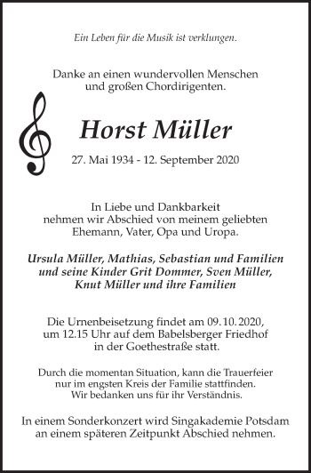 Traueranzeige von Horst Müller von Märkischen Allgemeine Zeitung